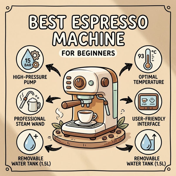 Infographic of the best espresso machine for beginners with key features