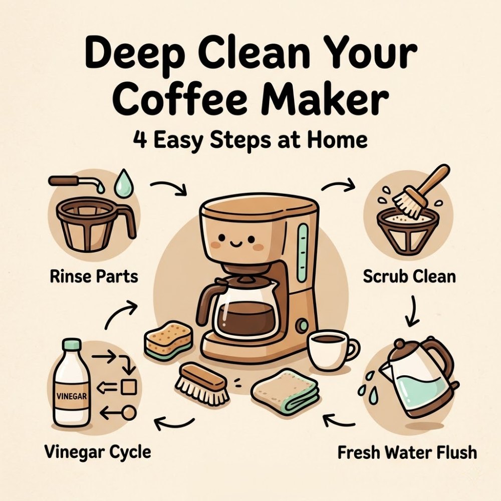 Deep clean coffee maker guide with vinegar, water, brush, and four simple cleaning steps