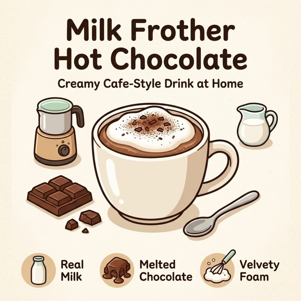 Creamy milk frother hot chocolate with foam and chocolate