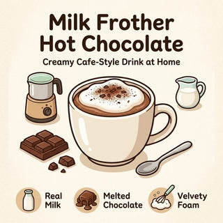 Creamy milk frother hot chocolate with foam and chocolate