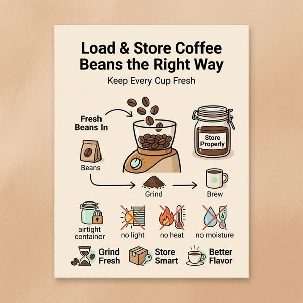 coffee bean grinder loading and storage infographic cover