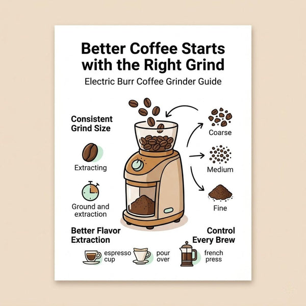 Electric burr coffee grinder infographic cover showing grind consistency