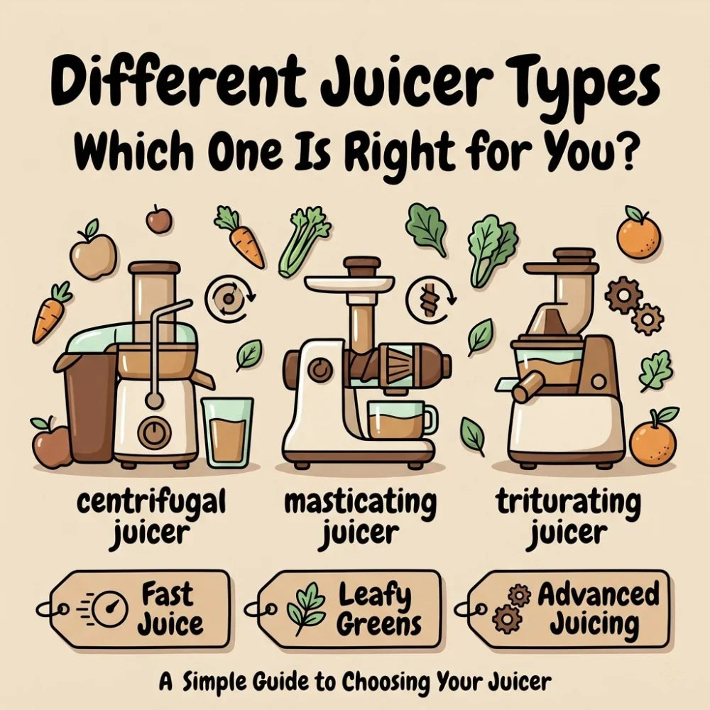 Different juicer types guide with centrifugal, masticating, and triturating juicers