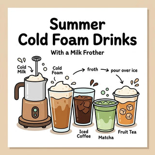 Summer cold foam drinks made with a milk frother for iced coffee and matcha
