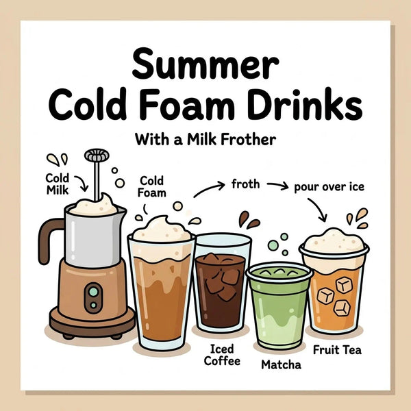 Summer cold foam drinks made with a milk frother for iced coffee and matcha