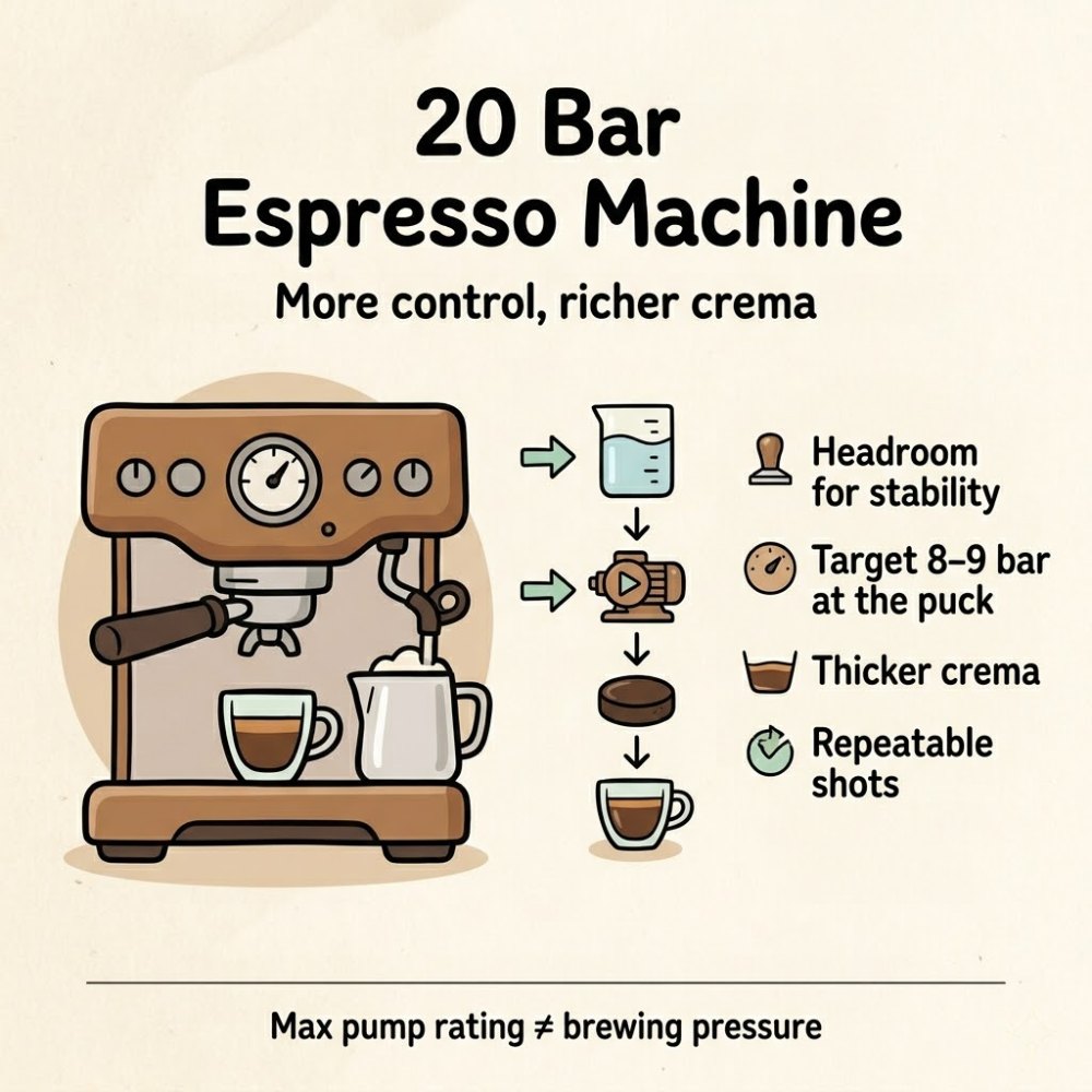 20 bar espresso machine infographic showing stable 8–9 bar extraction and crema
