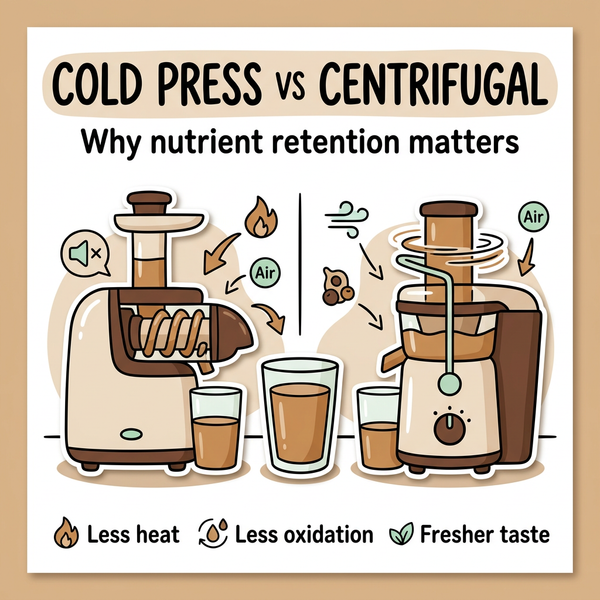 Cold press vs centrifugal juicer infographic cover about nutrient retention