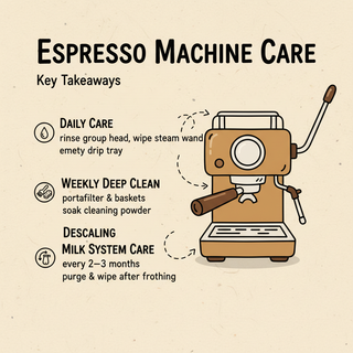 Espresso machine care key takeaways infographic with daily cleaning, weekly deep clean, descaling, and milk system care