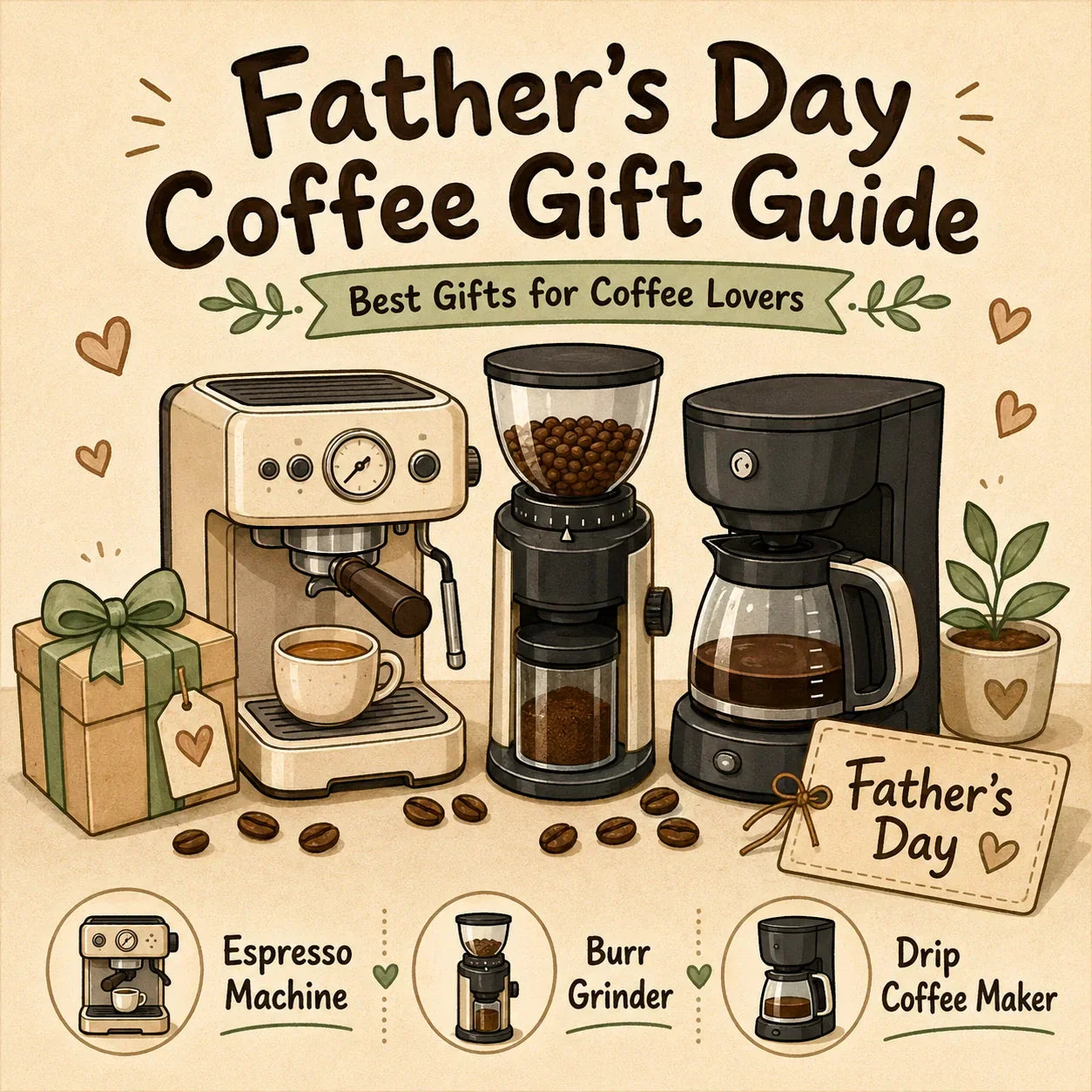 Father's Day coffee gift guide with espresso machine, burr grinder, and drip coffee maker