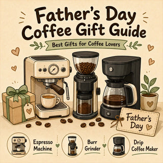 Father's Day coffee gift guide with espresso machine, burr grinder, and drip coffee maker