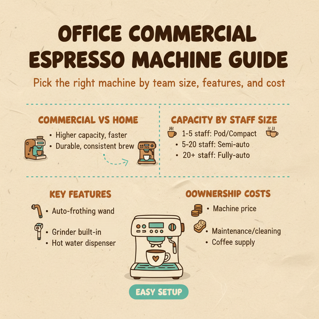 Office commercial espresso machine guide infographic with key features, staff size capacity tips, and ownership costs