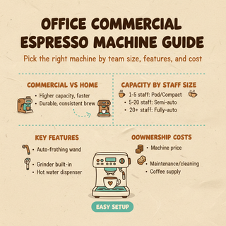 Office commercial espresso machine guide infographic with key features, staff size capacity tips, and ownership costs