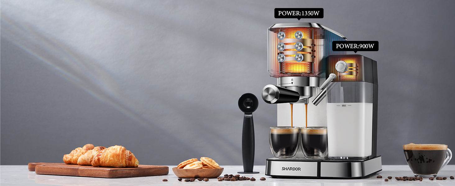 SHARDOR Espresso Machine, Automatic Latte ＆ Cappuccino Maker, 15 Bar Pump Pressure Espresso Coffee Maker with Milk Frother Steam Wand, 1300W, Black SHARDOR Coffee Grinder Burr Electric, 25 Precise Grind Setting