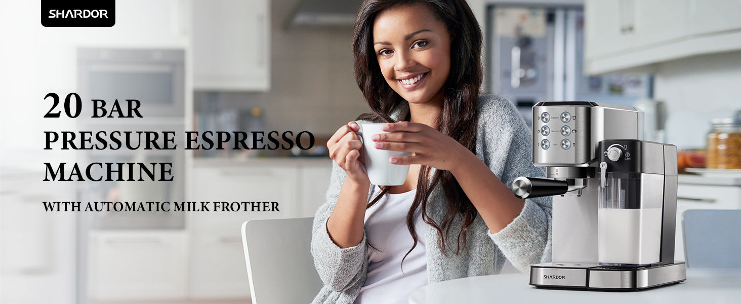 SHARDOR Espresso Machine, Automatic Latte ＆ Cappuccino Maker, 15 Bar Pump Pressure Espresso Coffee Maker with Milk Frother Steam Wand, 1300W, Black SHARDOR Coffee Grinder Burr Electric, 25 Precise Grind Setting