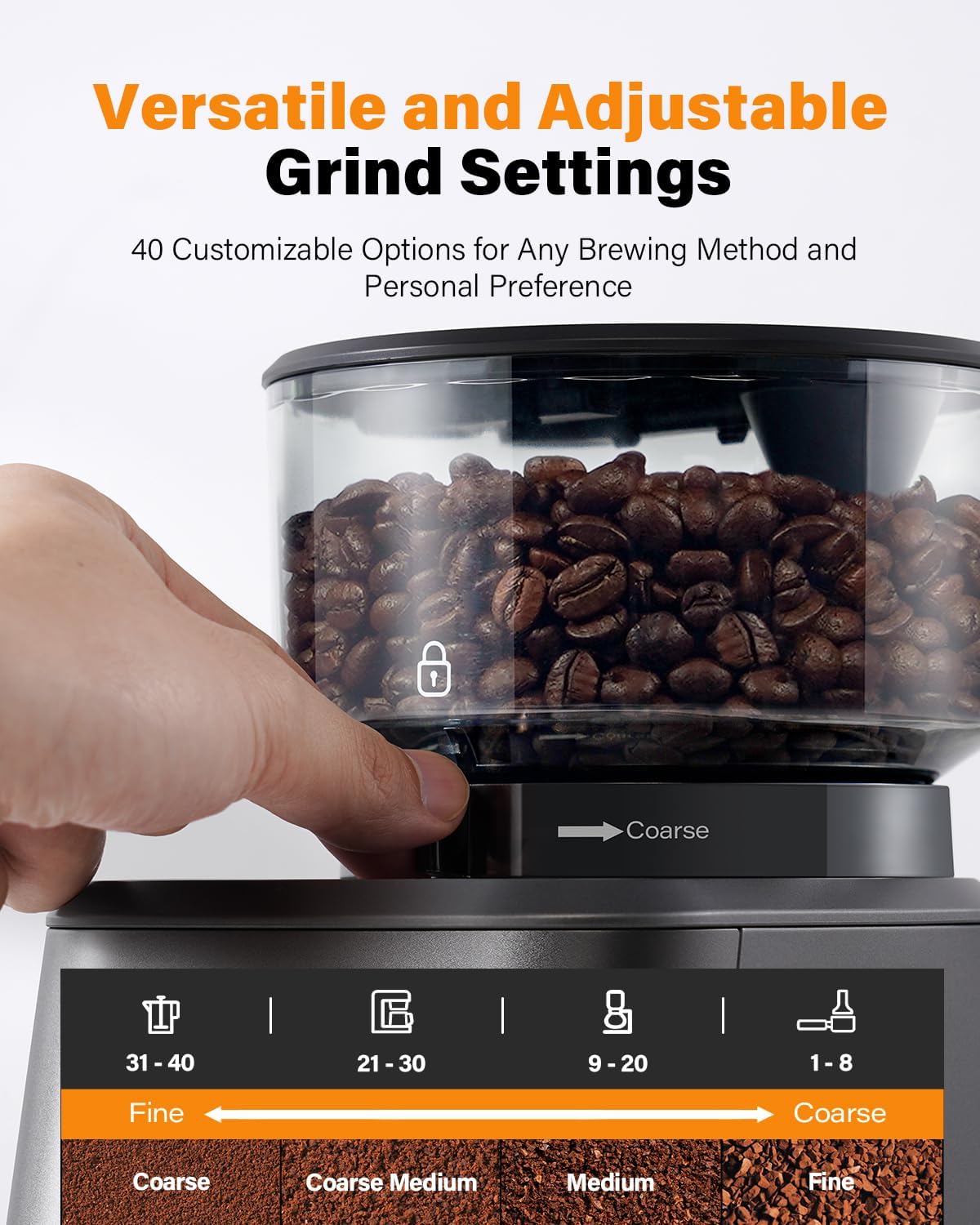 SHARDOR Conical Burr Coffee Grinder with 40 Settings, Smart Dosing & Anti-Static Technology