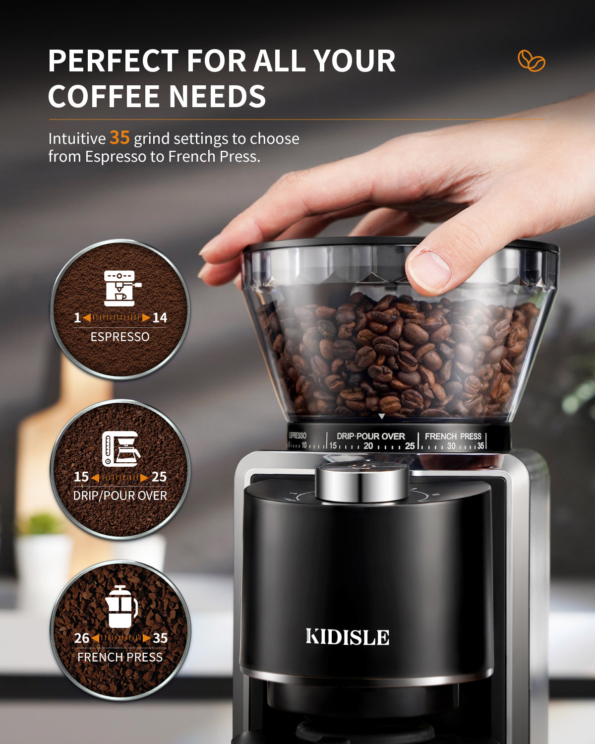 KIDISLE Coffee Burr Grinder with 35 Precision Grind Settings
