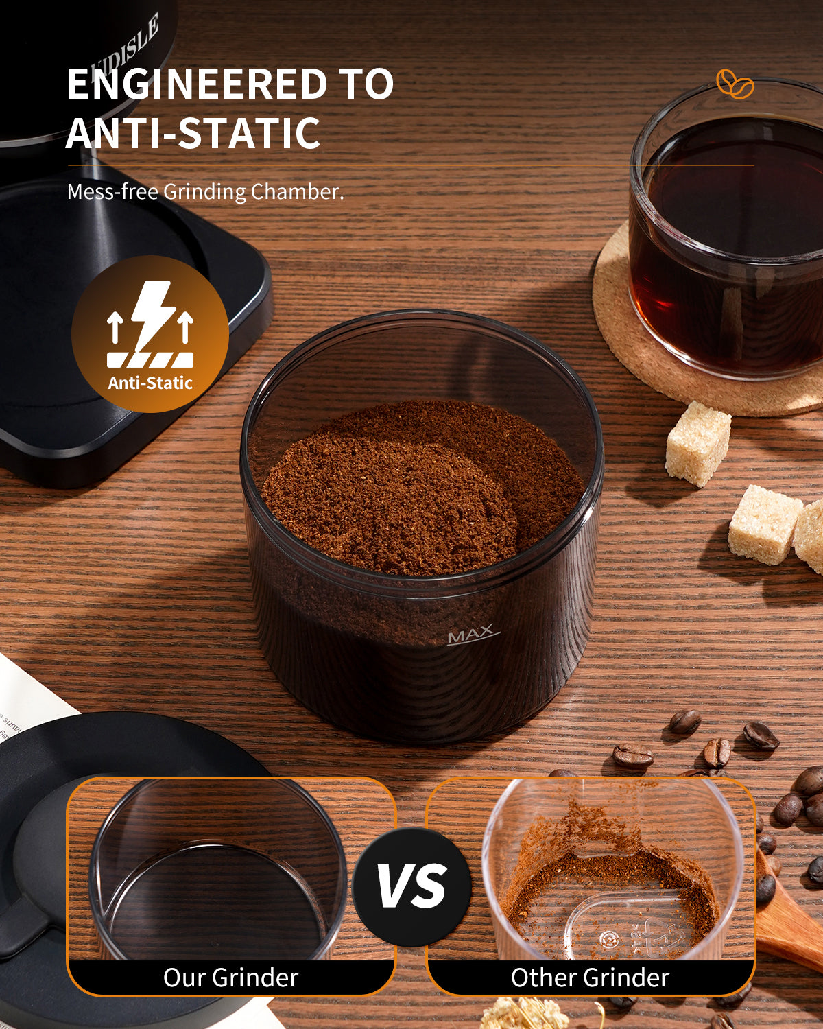 coffee grinder's mess-free anti-static grinding chamber compared to another grinder