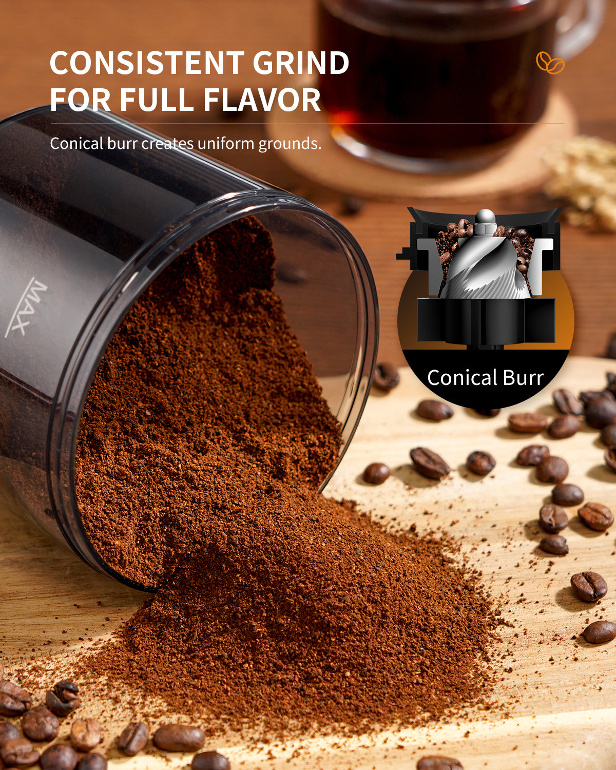 coffee burr grinder producing fine grounds for consistent flavor.
