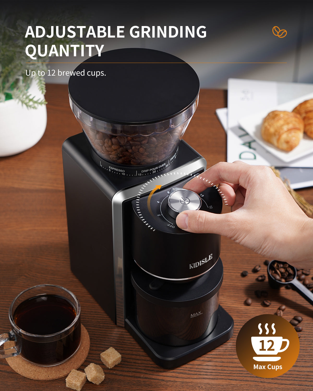 Black  coffee burr grinder, hand adjusting grind dial, cup of coffee. Adjustable quantity up to 12 cups.