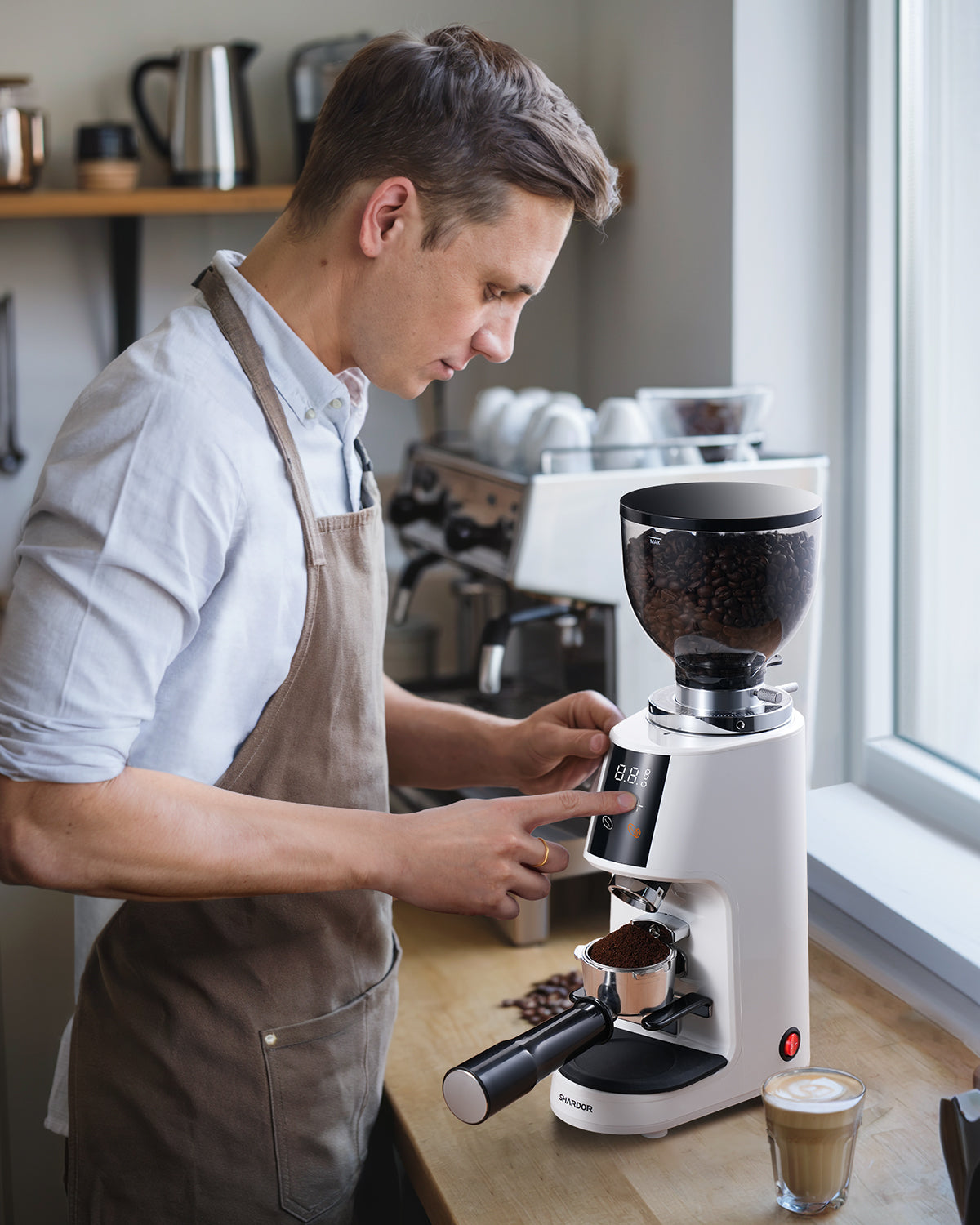 SHARDOR 64mm Flat Burr Coffee Grinder, 100 Settings, Anti-Static, White