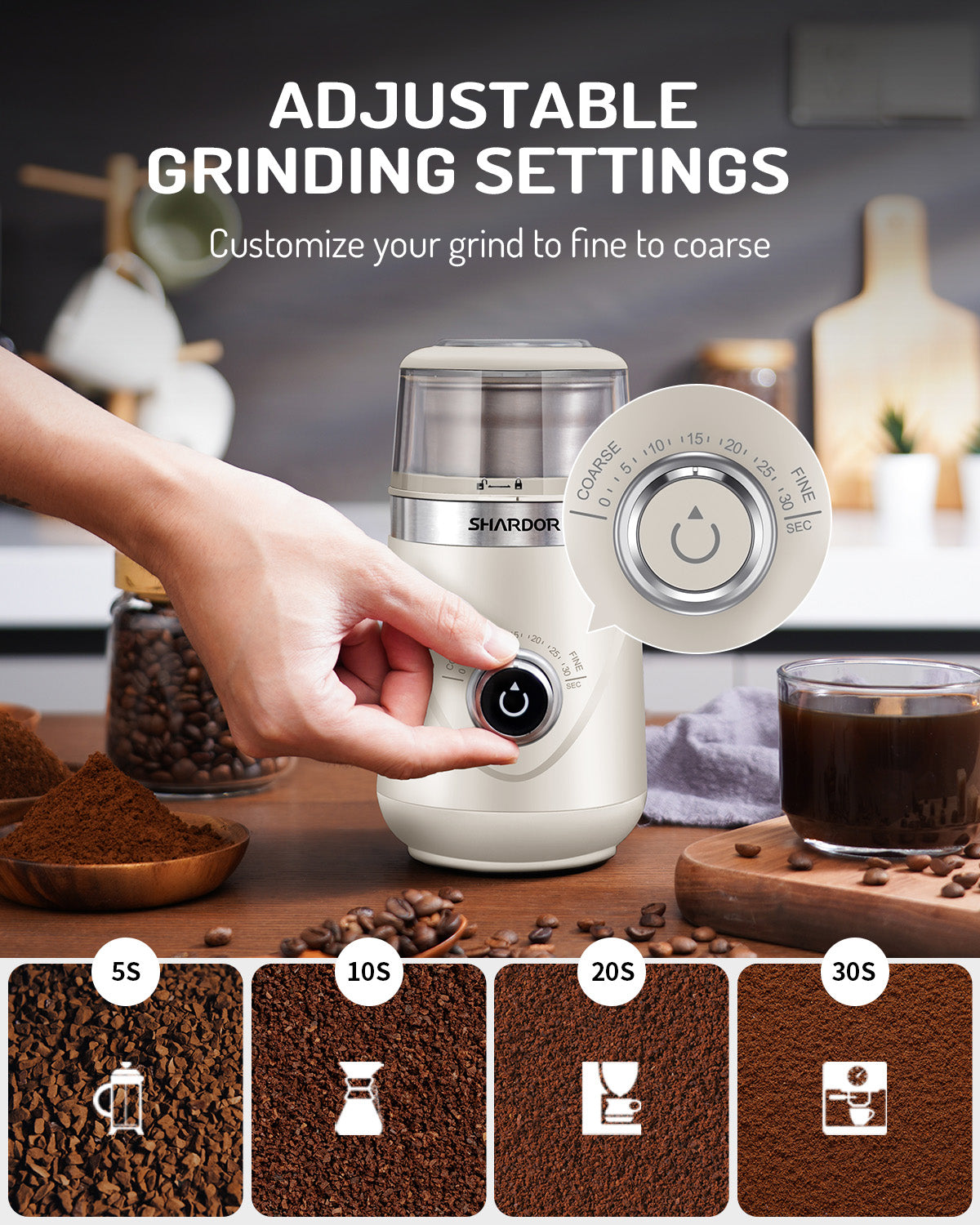 SHARDOR® Coffee Blade Grinder with Manual adjustment knob White 2 cup