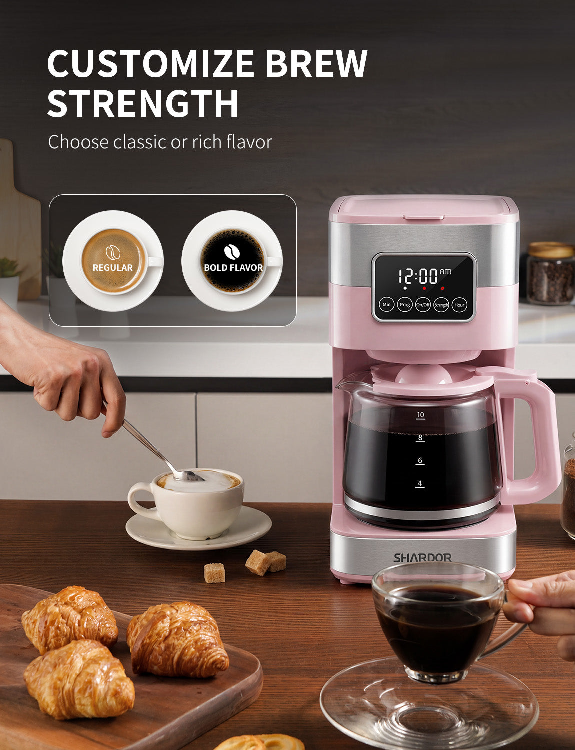 SHARDOR Drip Coffee Machine with Timer, Pink & Glass Pot