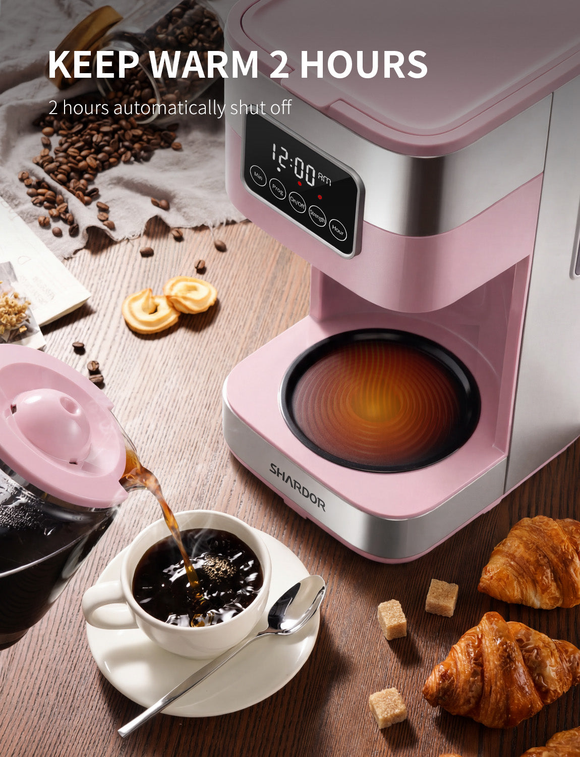 SHARDOR Drip Coffee Machine with Timer, Pink & Glass Pot