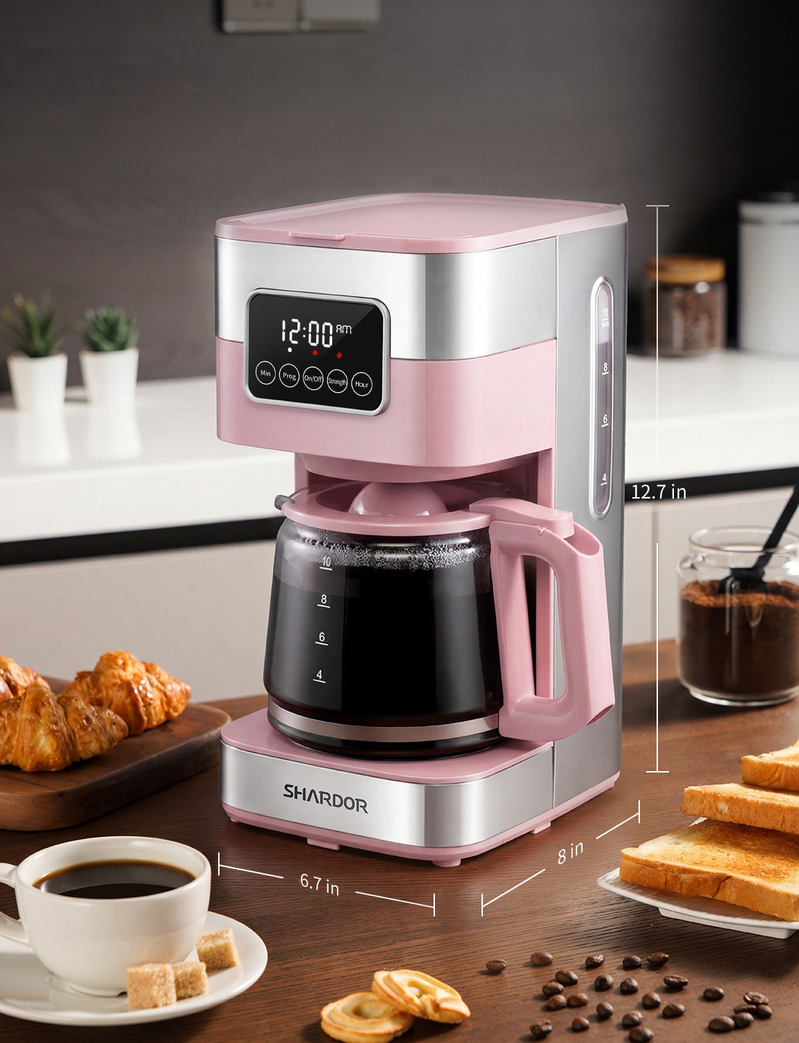 SHARDOR Drip Coffee Machine with Timer, Pink & Glass Pot