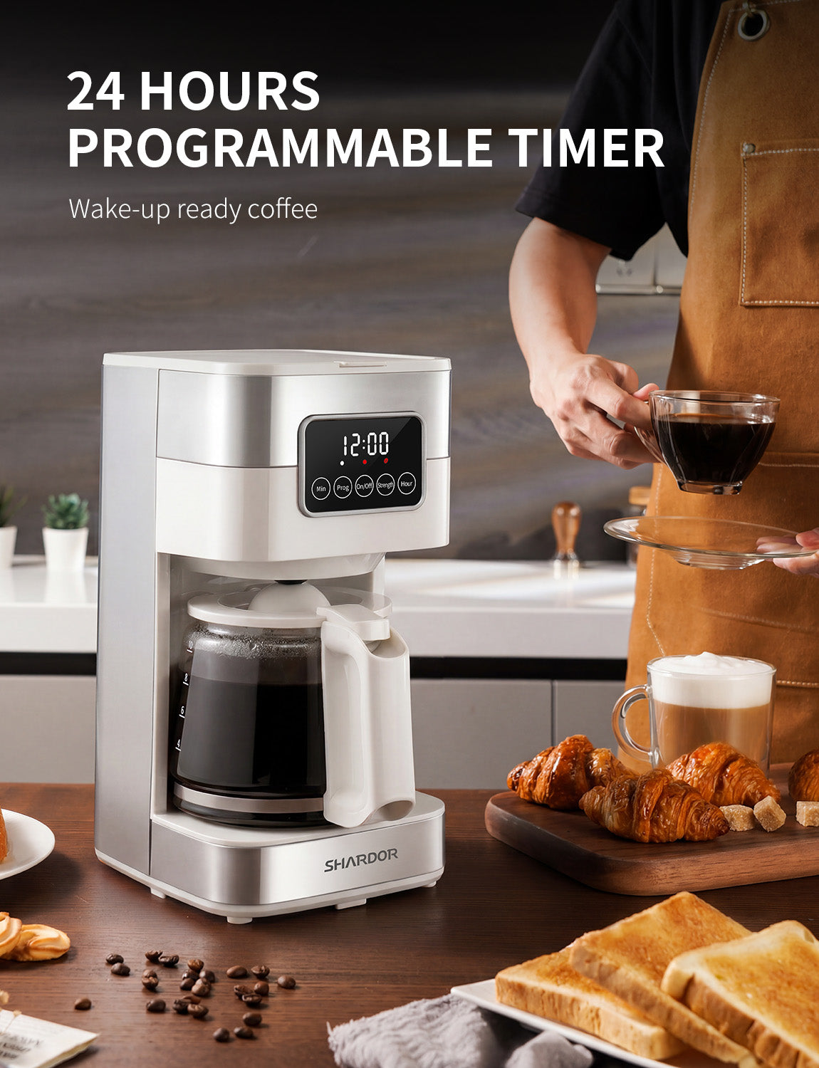 SHARDOR Drip Coffee Machine with Timer, White& Glass Pot