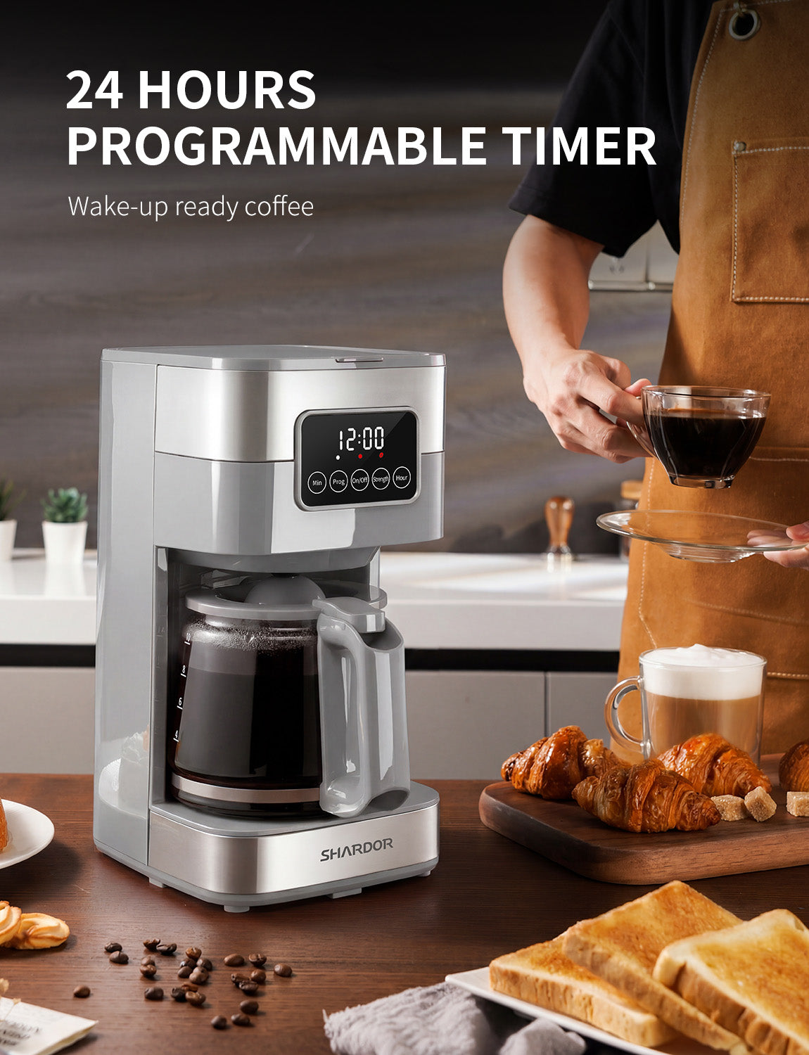 SHARDOR Drip Coffee Machine with Timer, Gray & Glass Pot