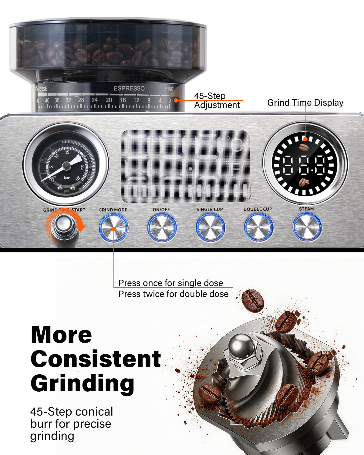 SHARDOR 20 Bar Espresso Machine with Built-In Grinder,