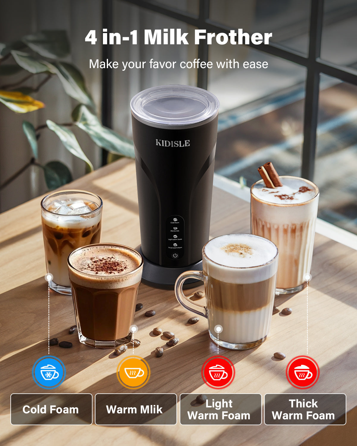 KIDISLE 4-in-1 Electric Milk Frother and Steamer