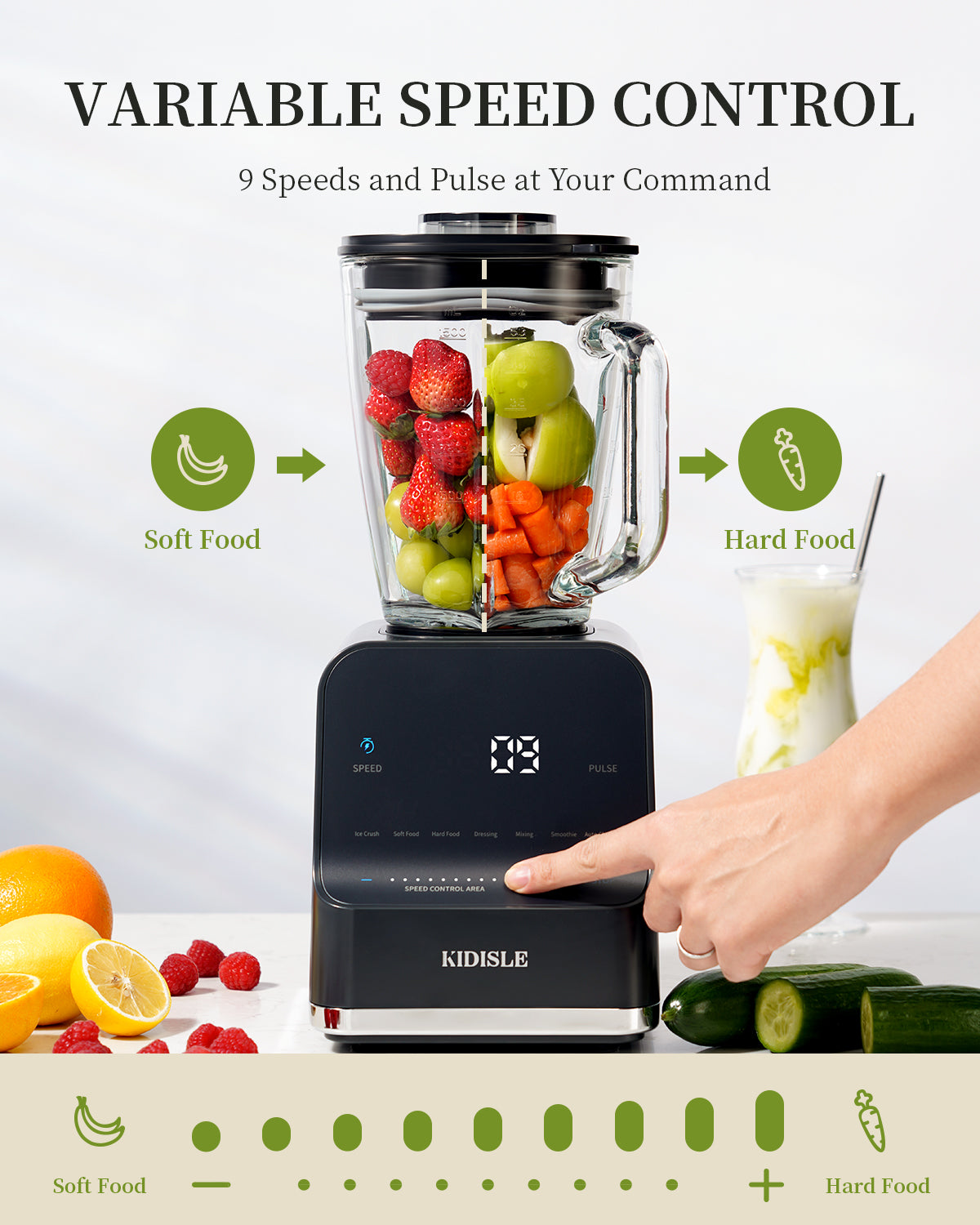 KIDISLE 1200W High-Speed Countertop Blender, 52oz Glass Pitcher for Smoothies