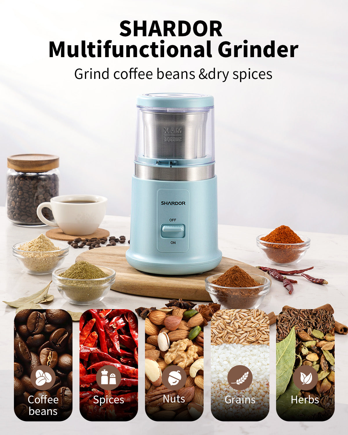SHARDOR Coffee Blade Grinder with Finger press Blue