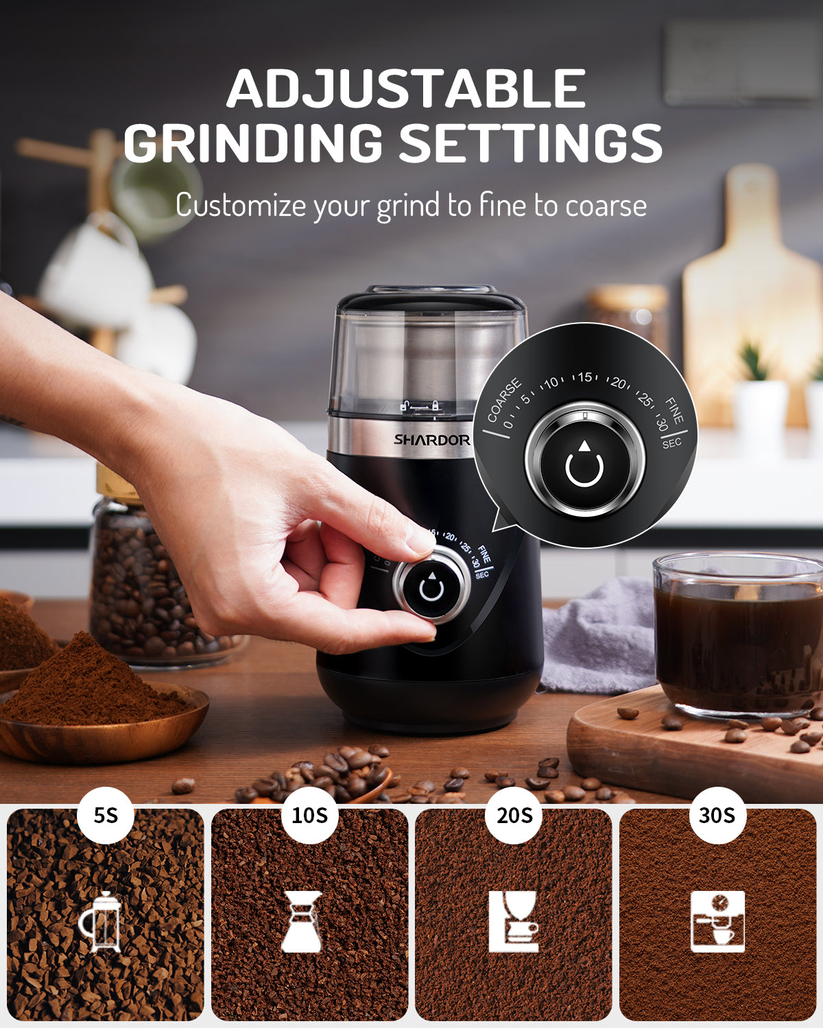 SHARDOR® Coffee Blade Grinder with Manual adjustment knob Black 2 Cup