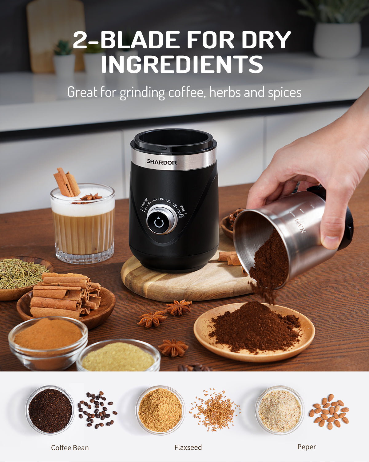 SHARDOR® Coffee Blade Grinder with Manual adjustment knob Black 2 Cup