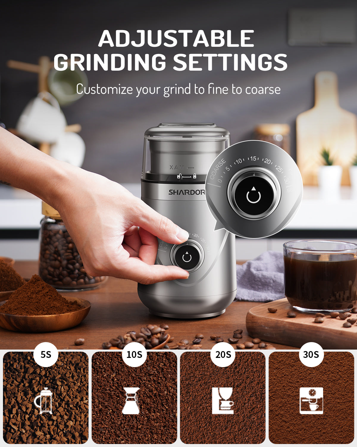 SHARDOR® Coffee Blade Grinder with Manual adjustment knob Silver 2 Cup