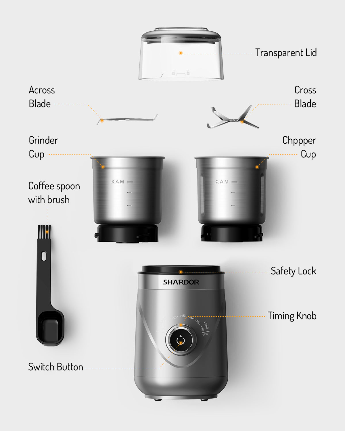 SHARDOR® Coffee Blade Grinder with Manual adjustment knob Silver 2 Cup