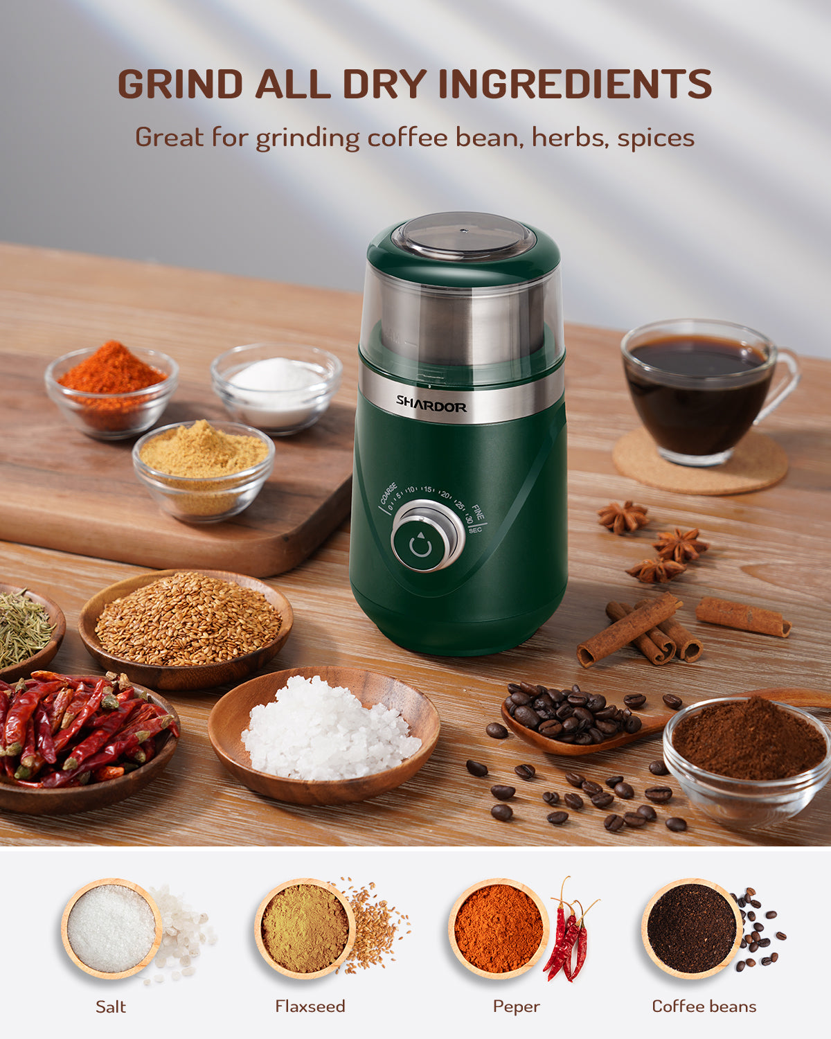 SHARDOR® Coffee Blade Grinder with Manual adjustment knob Green