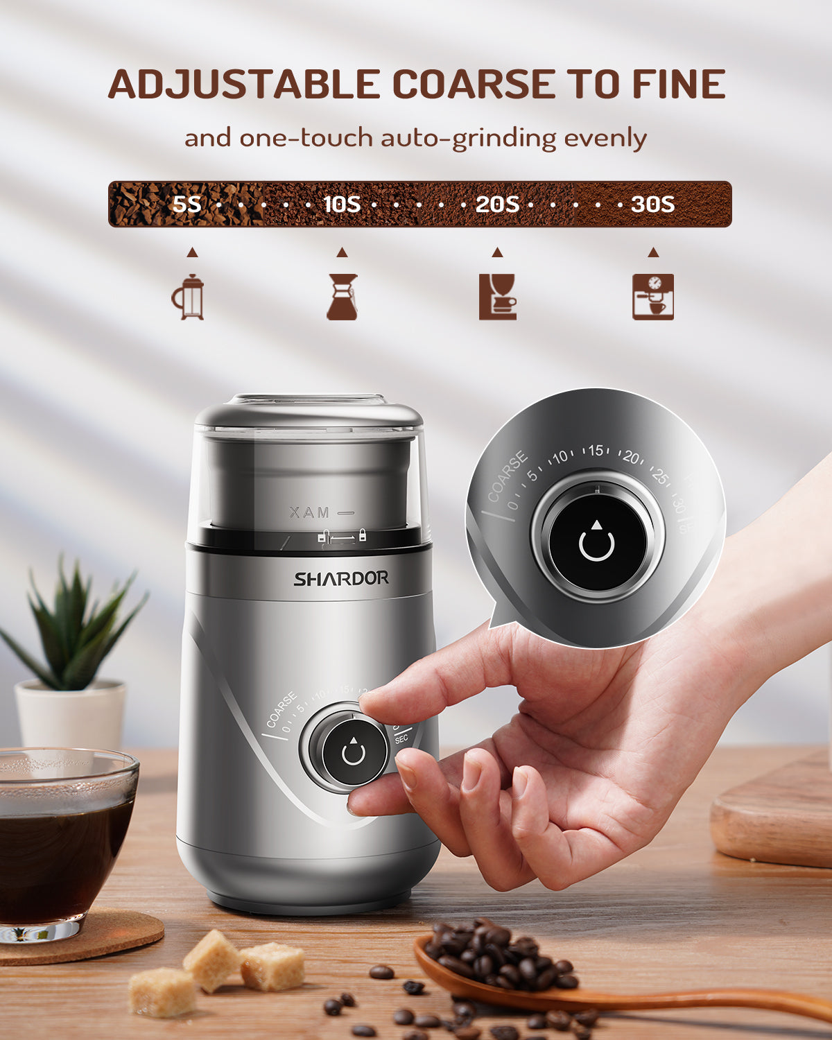 SHARDOR® Coffee Blade Grinder with Manual adjustment knob Silver