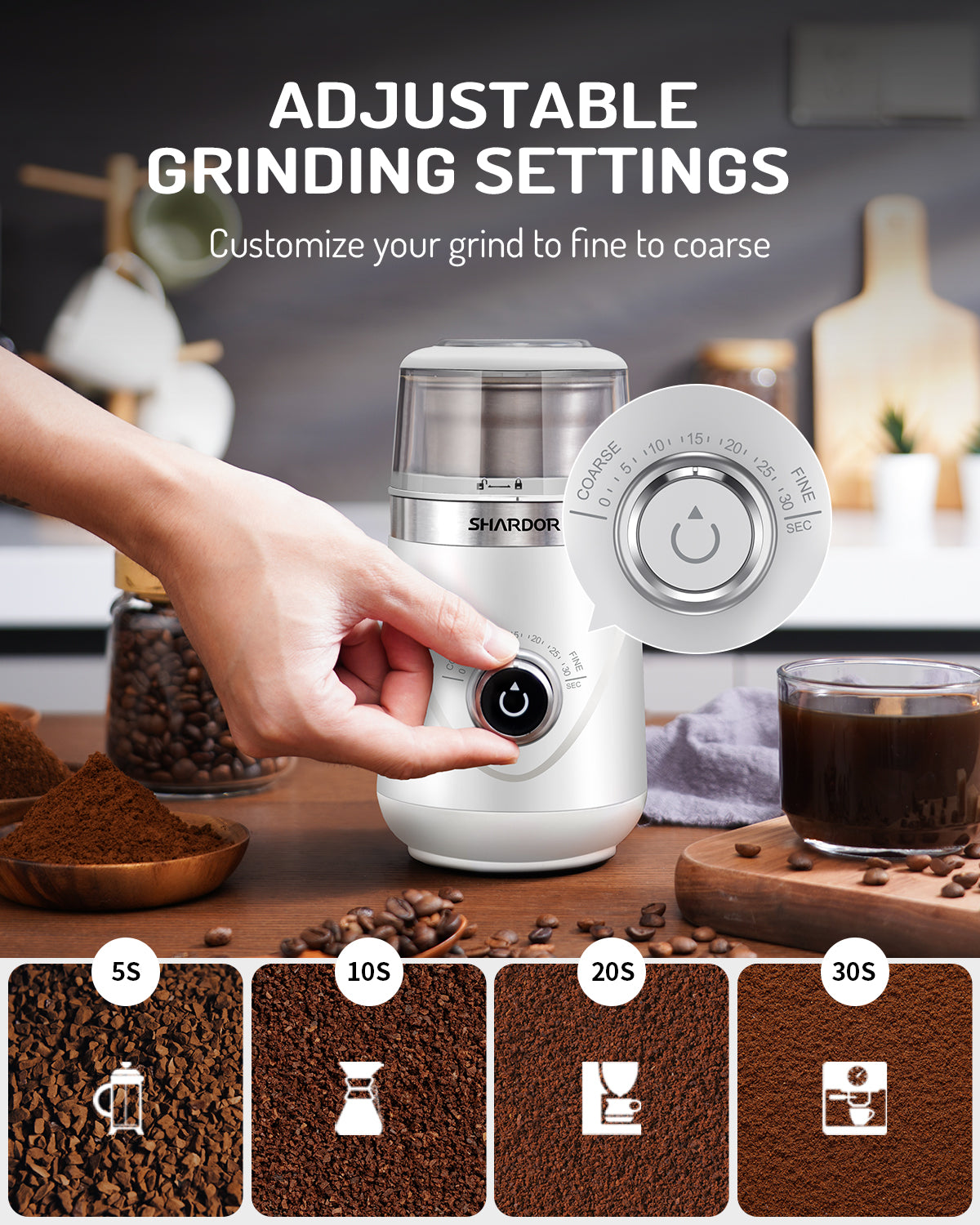 SHARDOR® Coffee Blade Grinder with Manual adjustment knob White 2 cup