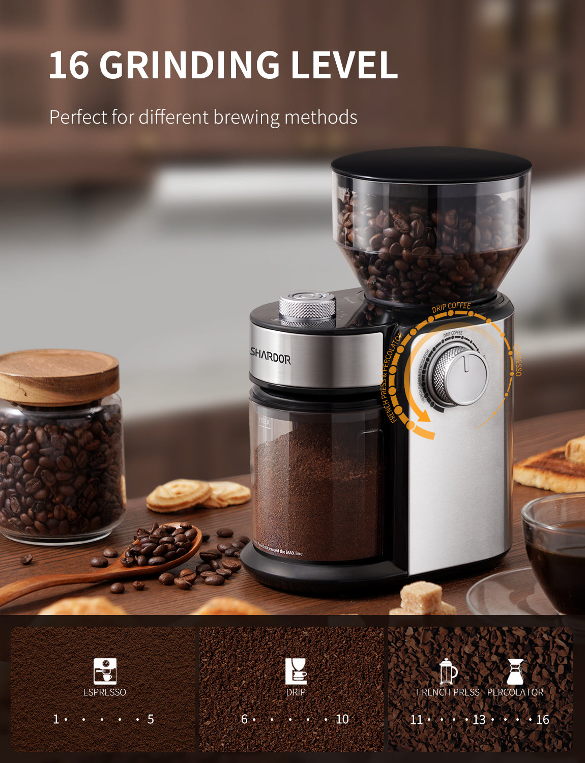 SHARDOR® Coffee Burr Grinder with 16 Precise Grind Setting Silvery