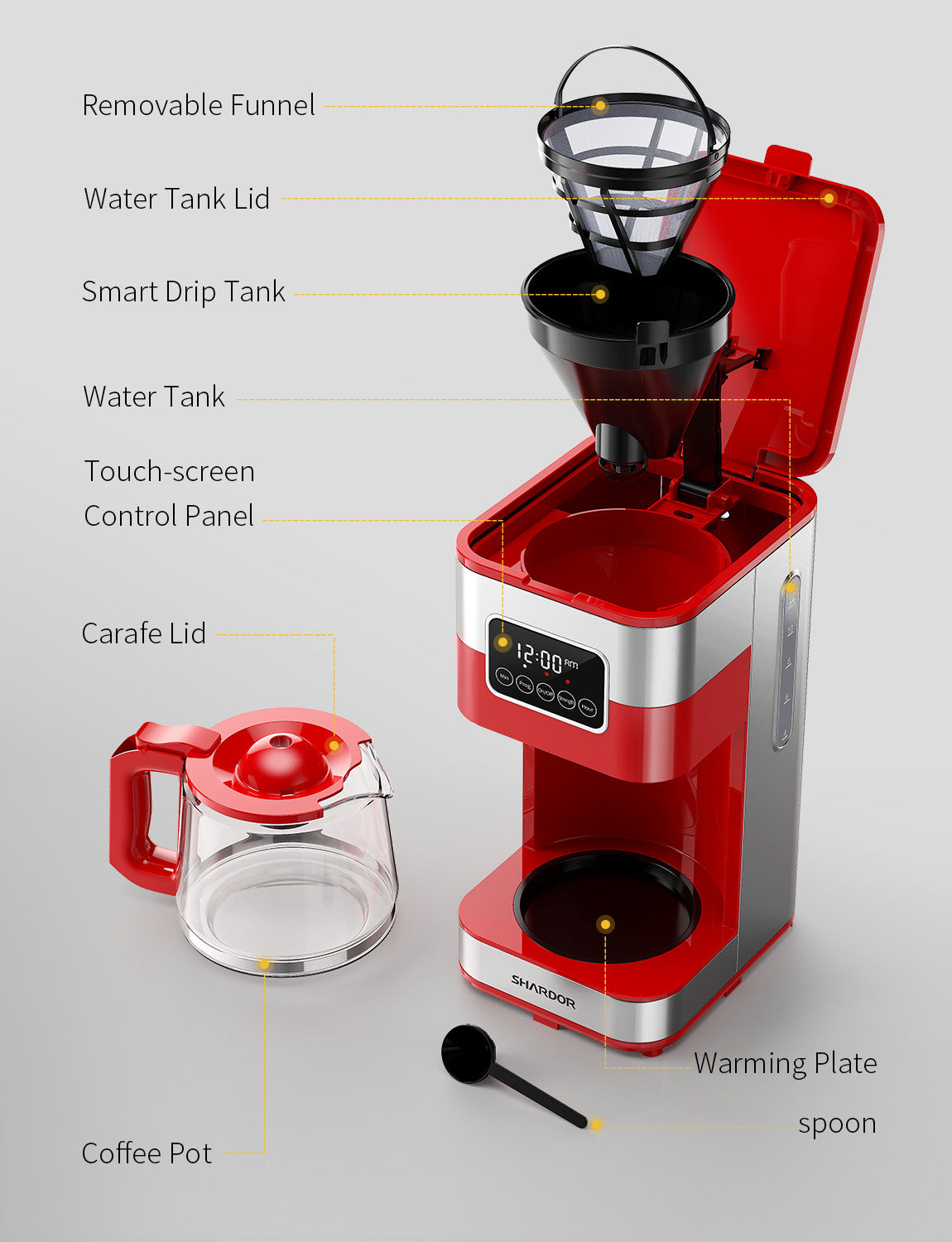 SHARDOR® Drip Coffee Machine with Timer, Red & Glass Pot