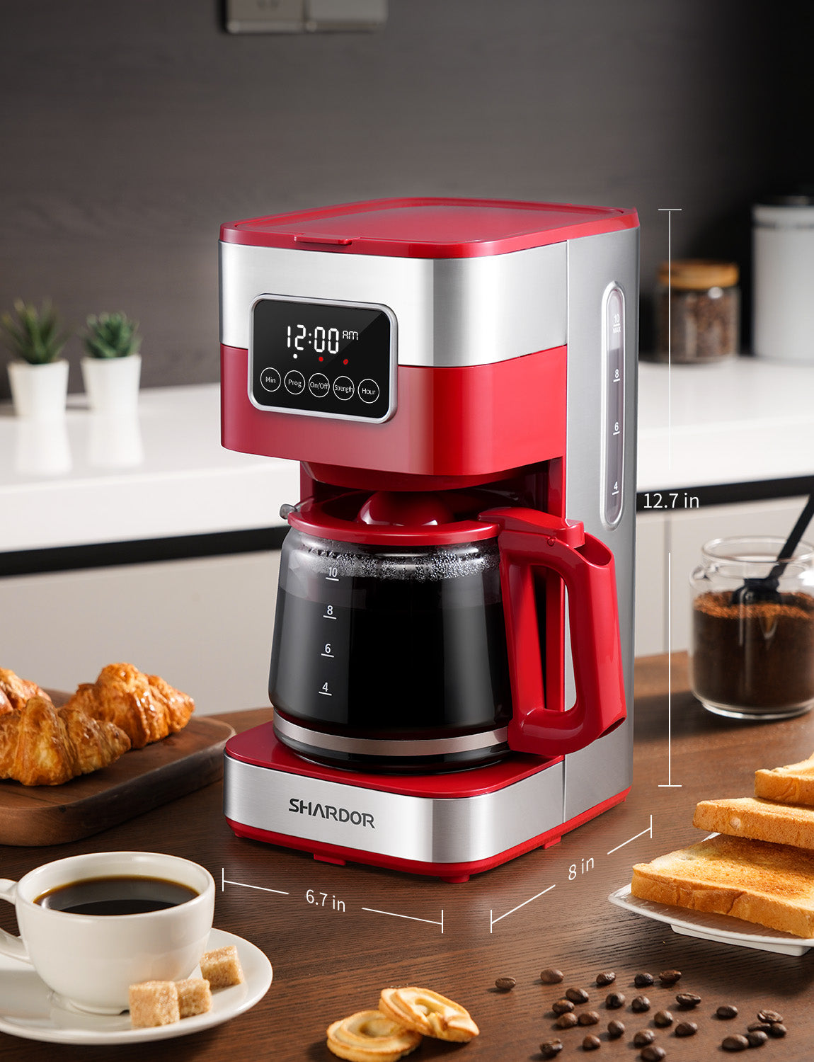 SHARDOR® Drip Coffee Machine with Timer, Red & Glass Pot