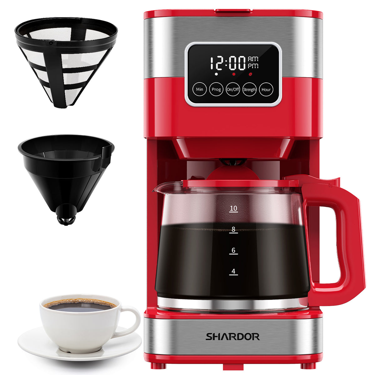 Red Programmable Drip Coffee Maker | Glass Carafe