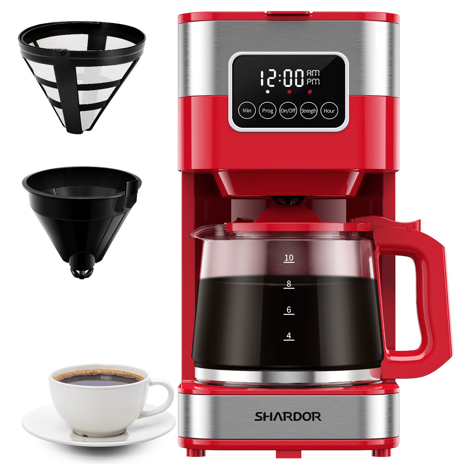 SHARDOR® Drip Coffee Machine with Timer, Red & Glass Pot