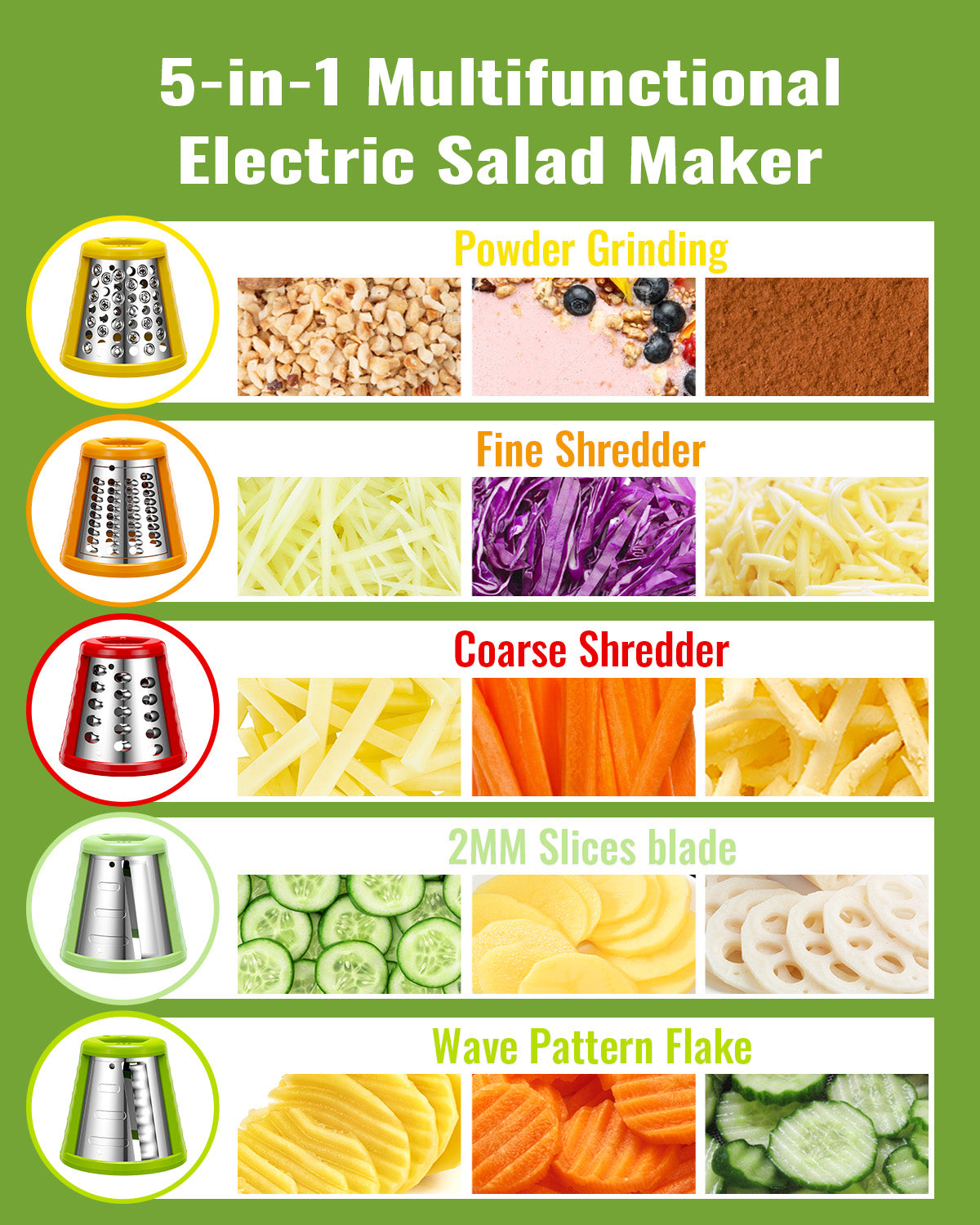 TWOMEOW 5-in-1 Multi-Functional Electric Cheese Grater & Salad Maker with Stainless Steel Blades