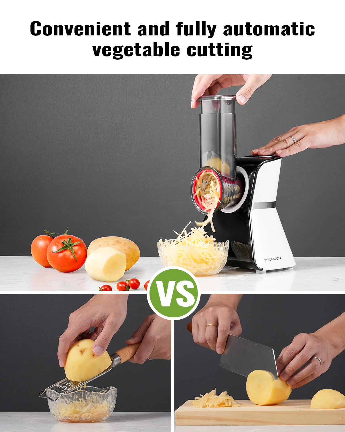 TWOMEOW 5-in-1 Multi-Functional Electric Cheese Grater & Salad Maker with Stainless Steel Blades