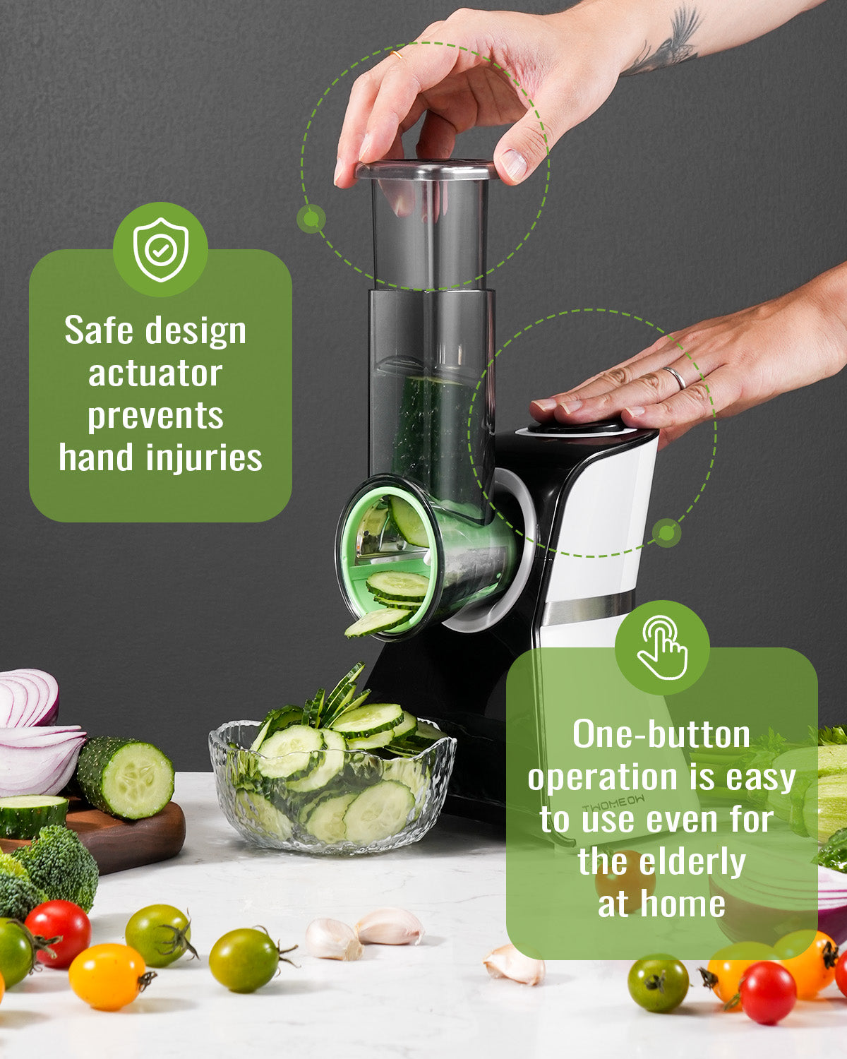 TWOMEOW 5-in-1 Multi-Functional Electric Cheese Grater & Salad Maker with Stainless Steel Blades